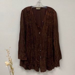 Boho Style Flowy Dark Brown Button Up Blouse
